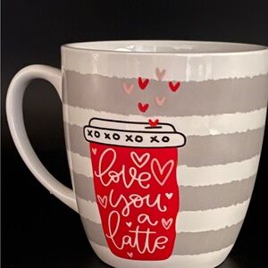 California Pantry Love You a Latte Coffee Mug Gray Stripe Cup with Hearts, XOXO
